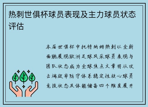 热刺世俱杯球员表现及主力球员状态评估