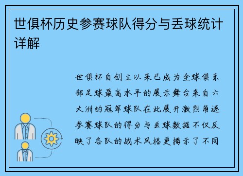 世俱杯历史参赛球队得分与丢球统计详解