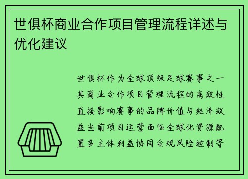 世俱杯商业合作项目管理流程详述与优化建议